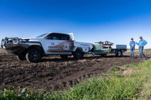 Agronomists Simon Haire and Jeremy Dawson with the soil coring trailer in a paddock near Dalby, Queensland
