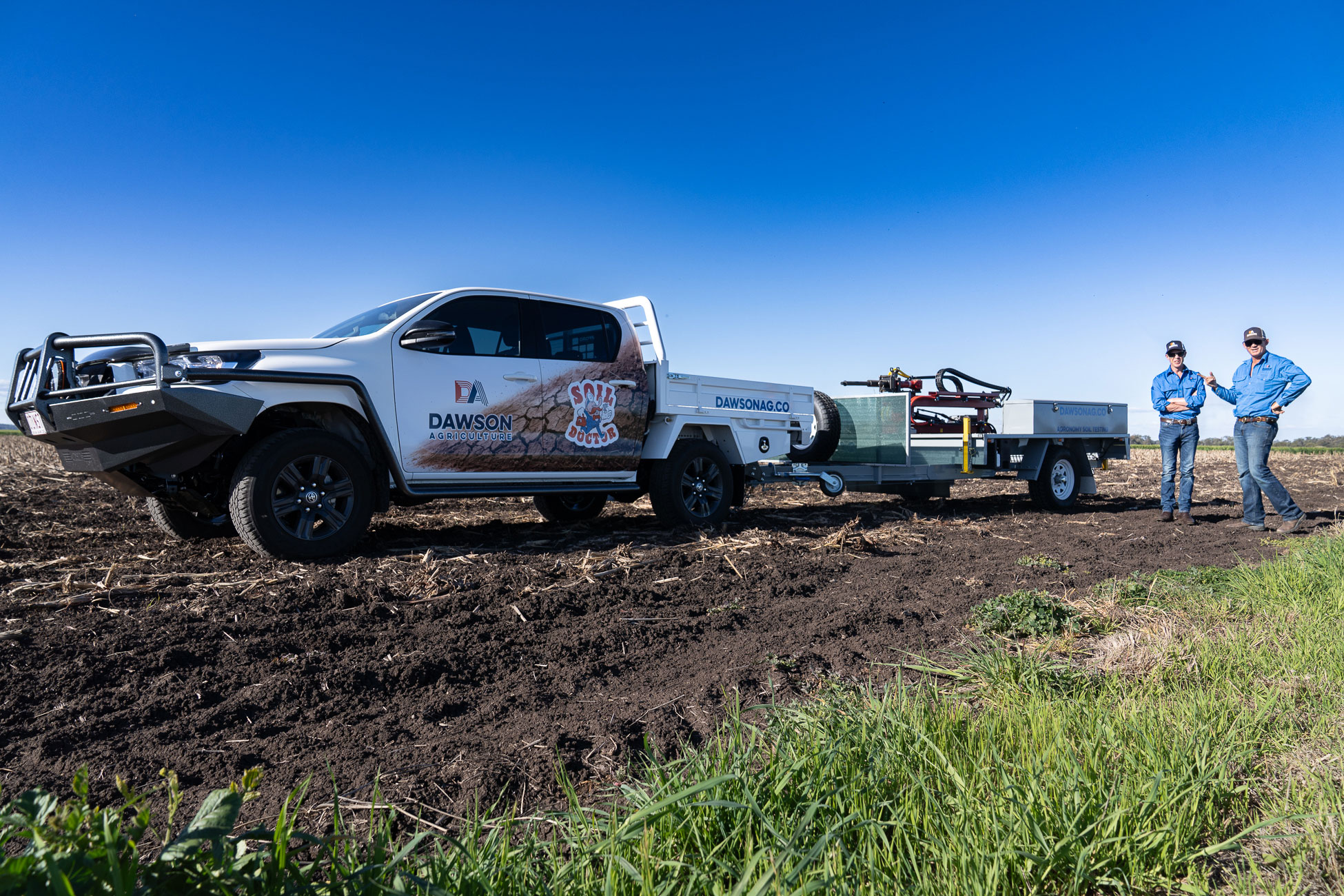 Agronomists Simon Haire and Jeremy Dawson with the soil coring trailer in a paddock near Dalby, Queensland