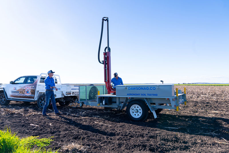 Dawson Ag Soil Doctor trailer collecting soil samples in a paddock near Dalby, Queensland