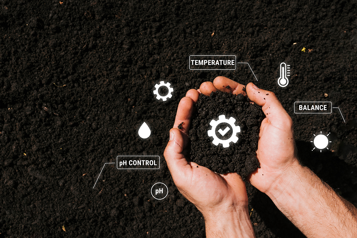 Hands holding soil with climate change icons, symbolizing the connection between agriculture and environmental impact.