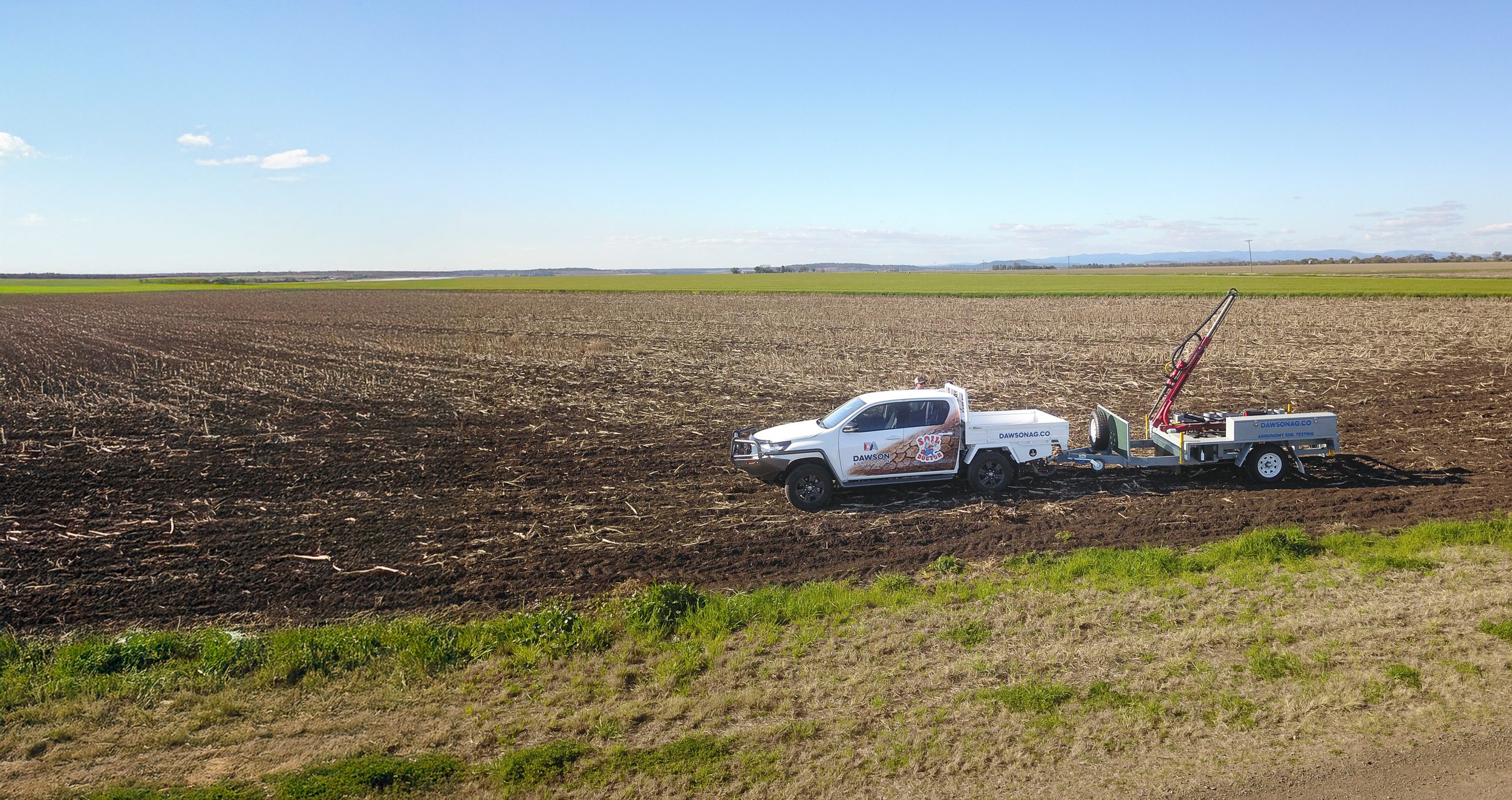 Dawson Ag ute and soil testing trailer parked on a harvested broadacre paddock near Dalby
