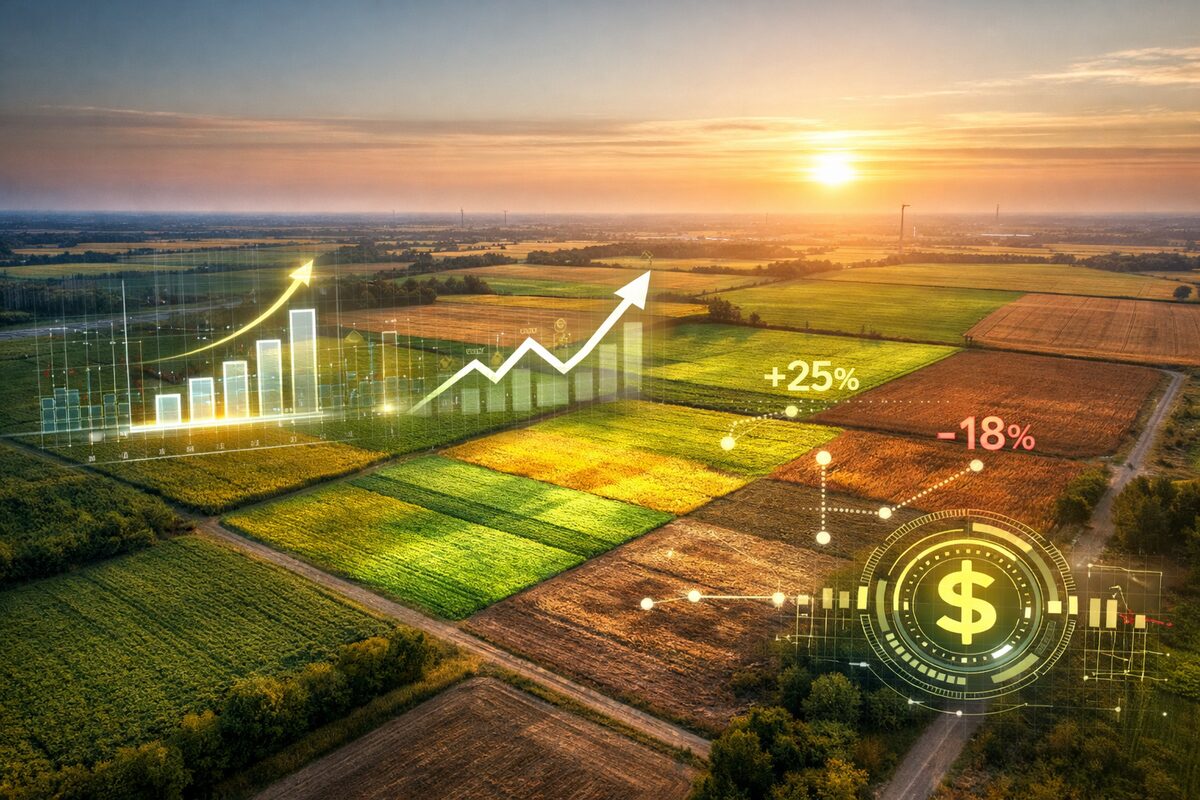 Broadacre paddock with fertiliser spreader symbolising high fertiliser prices