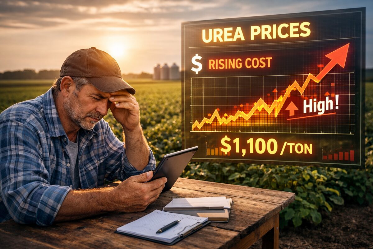 Urea fertiliser pile with rising price chart overlay