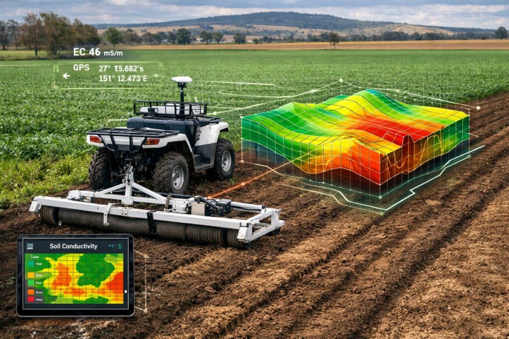 Electromagnetic survey machine mapping soil conductivity