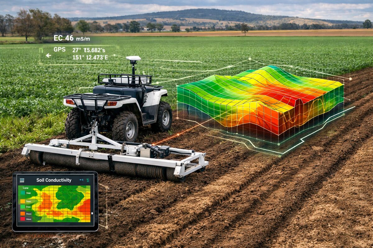 Electromagnetic survey machine mapping soil conductivity