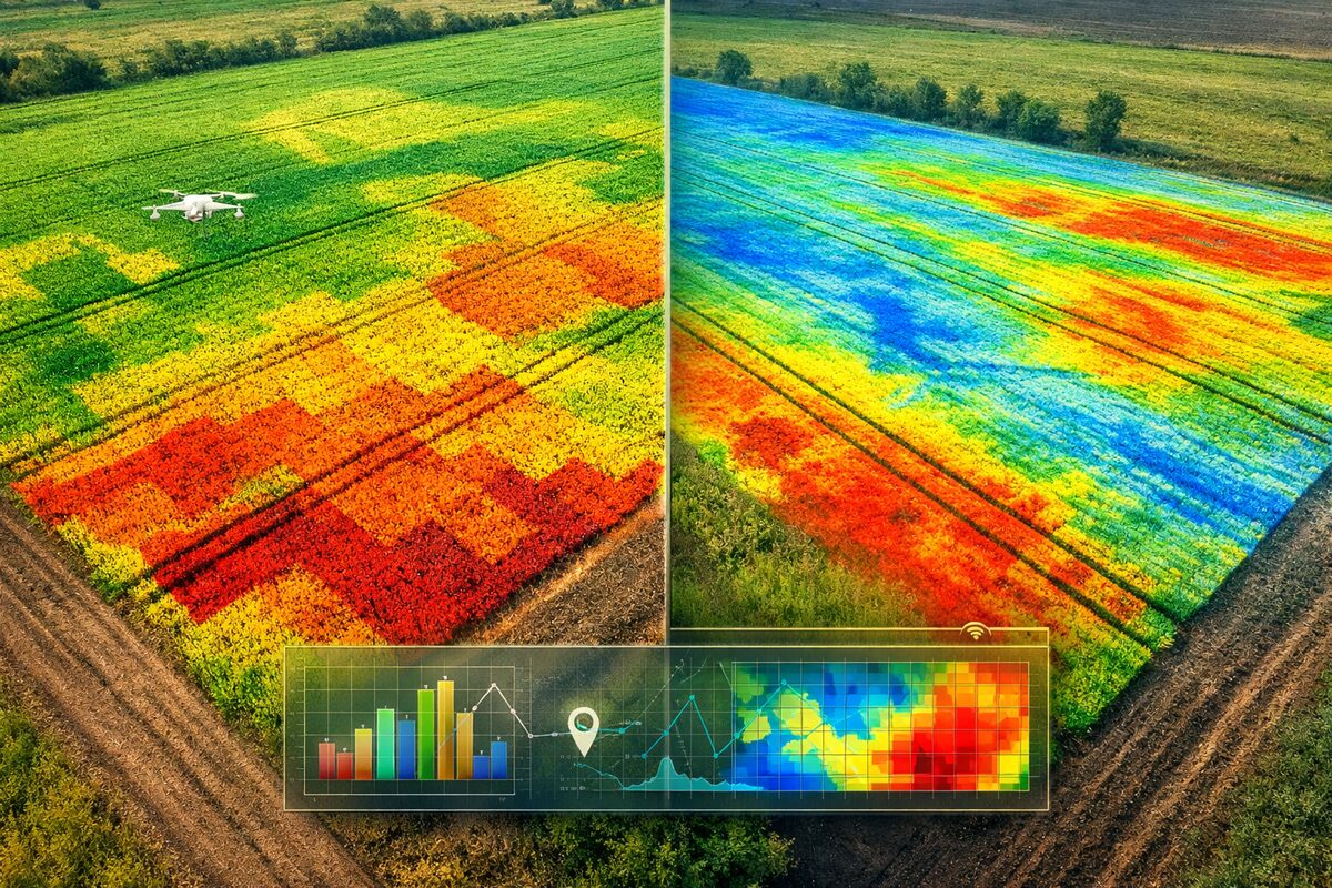 Combined NDVI and EM data layers on a paddock map