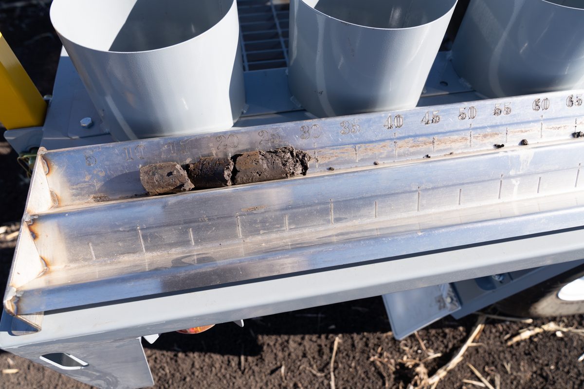 Soil core sample laid on a measuring rail with depth markings in centimetres, showing profile variation