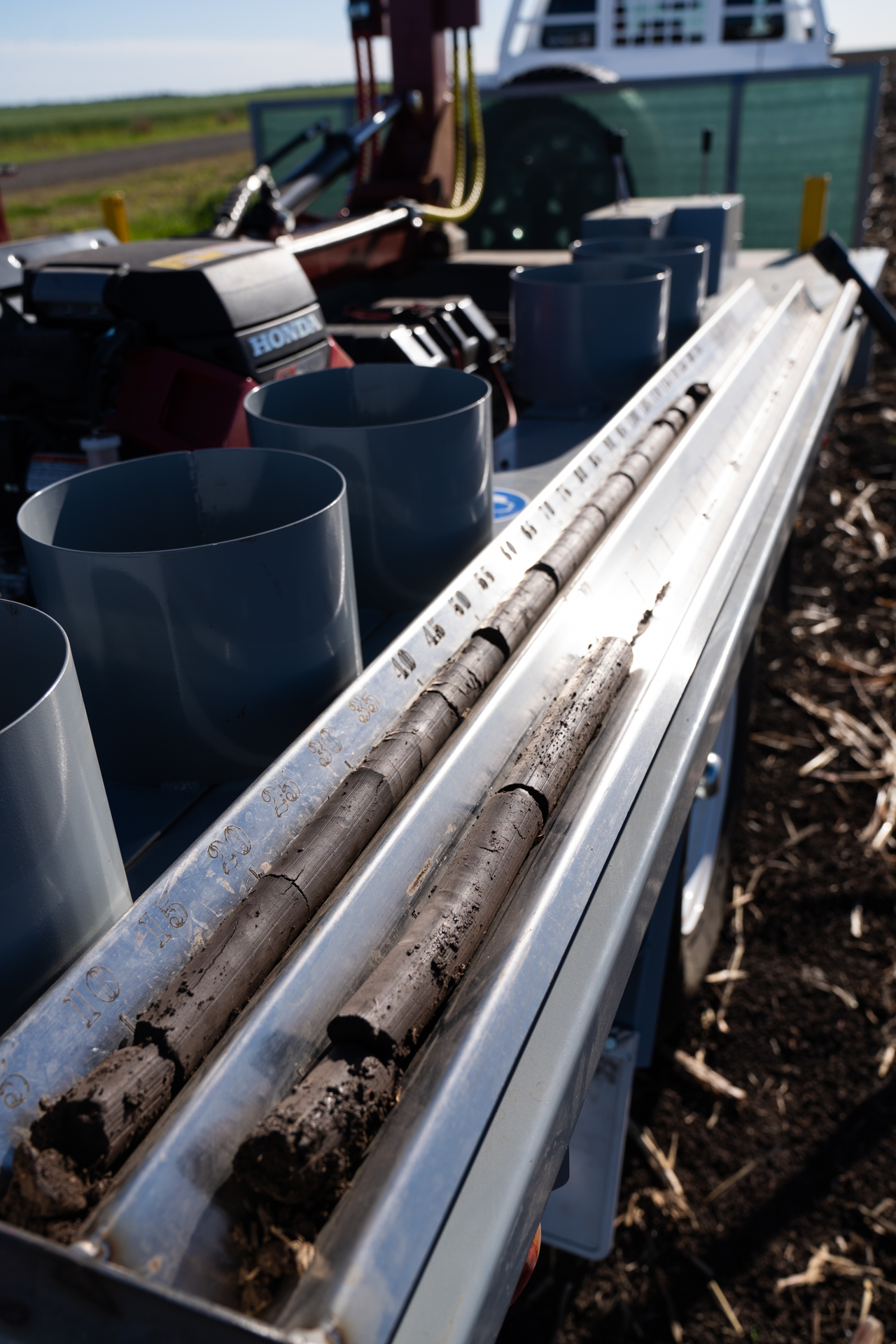 Soil cores laid out on the Dawson Ag rig measuring tray, ready for visual assessment
