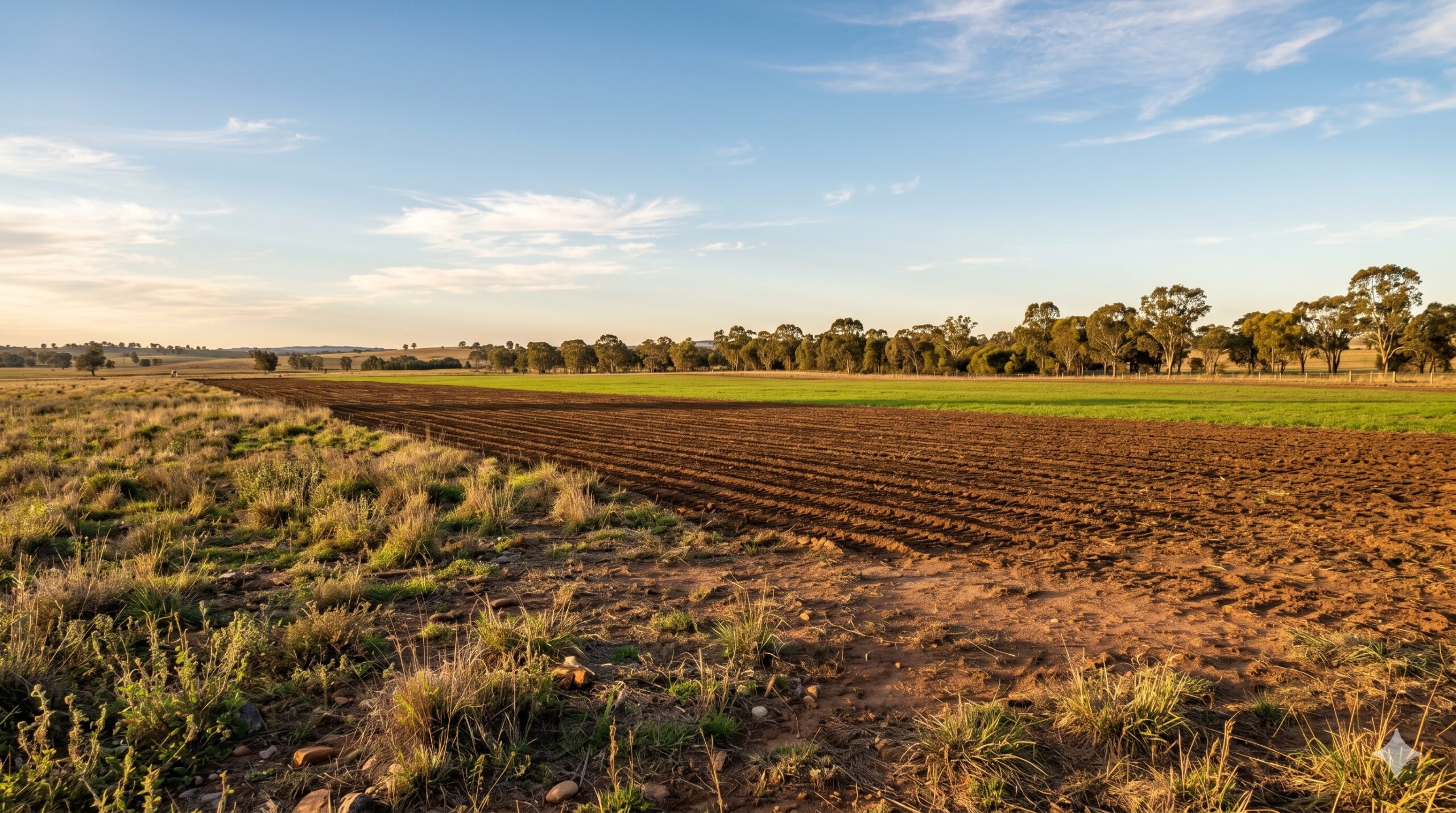 Southern Queensland pasture mid-renovation showing degraded grass transitioning into freshly worked soil and emerging green pasture.