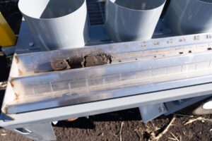 Soil core sample with depth markings in a Dawson Ag sampling rig, Darling Downs cropping country.
