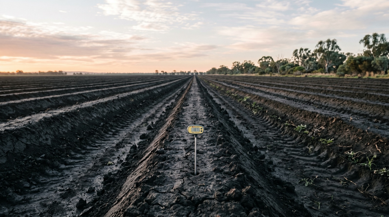 freshly formed cotton planting beds at dawn with a soil thermometer, Darling Downs planting window