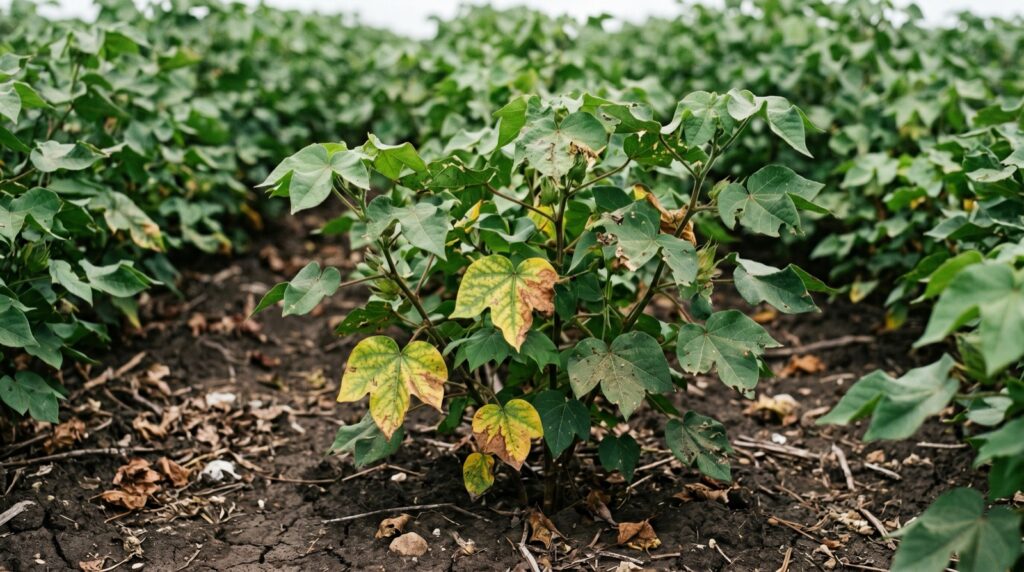 early verticillium wilt symptoms on cotton leaves with interveinal yellowing and browning, Darling Downs