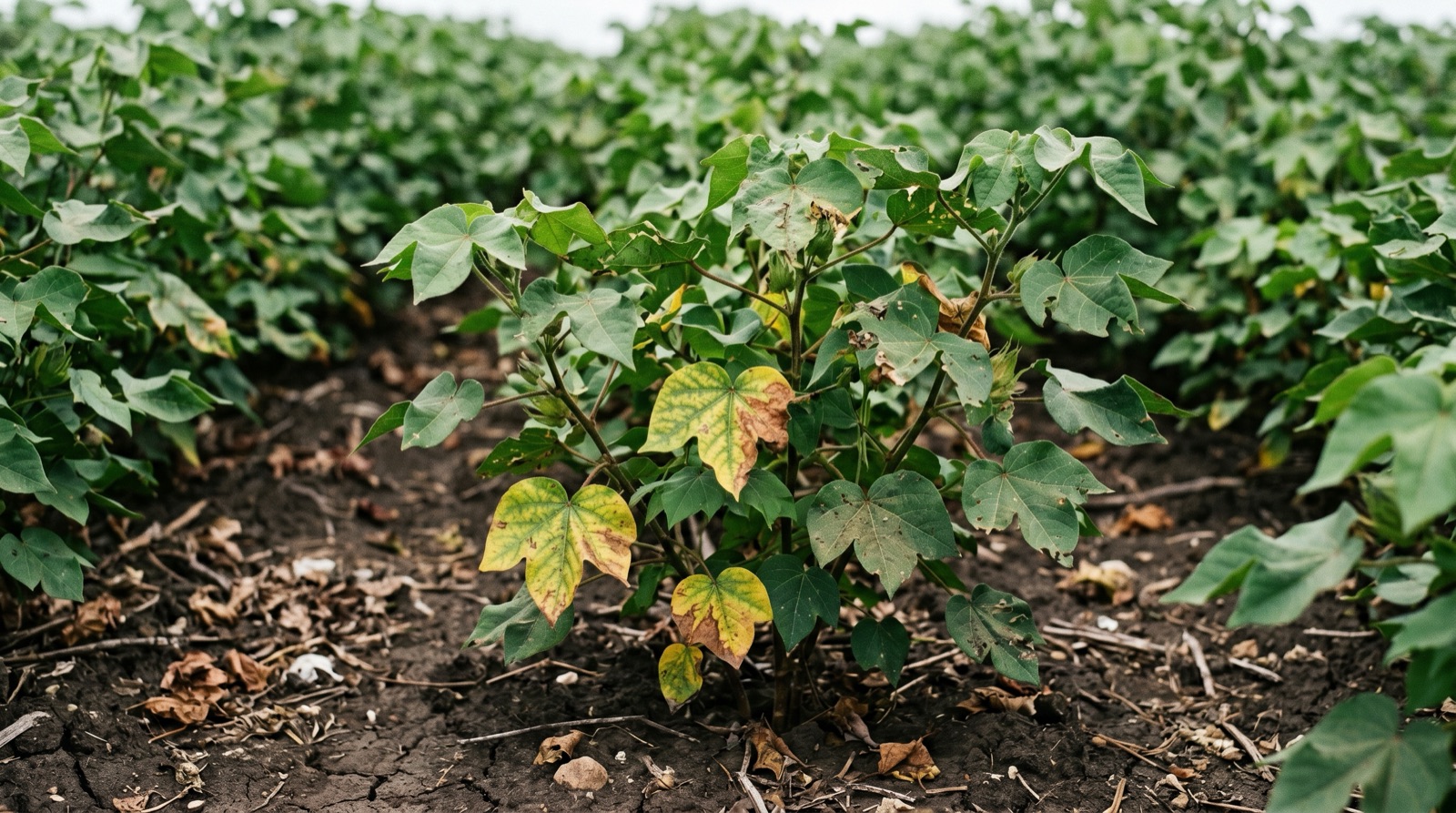early verticillium wilt symptoms on cotton leaves with interveinal yellowing and browning, Darling Downs